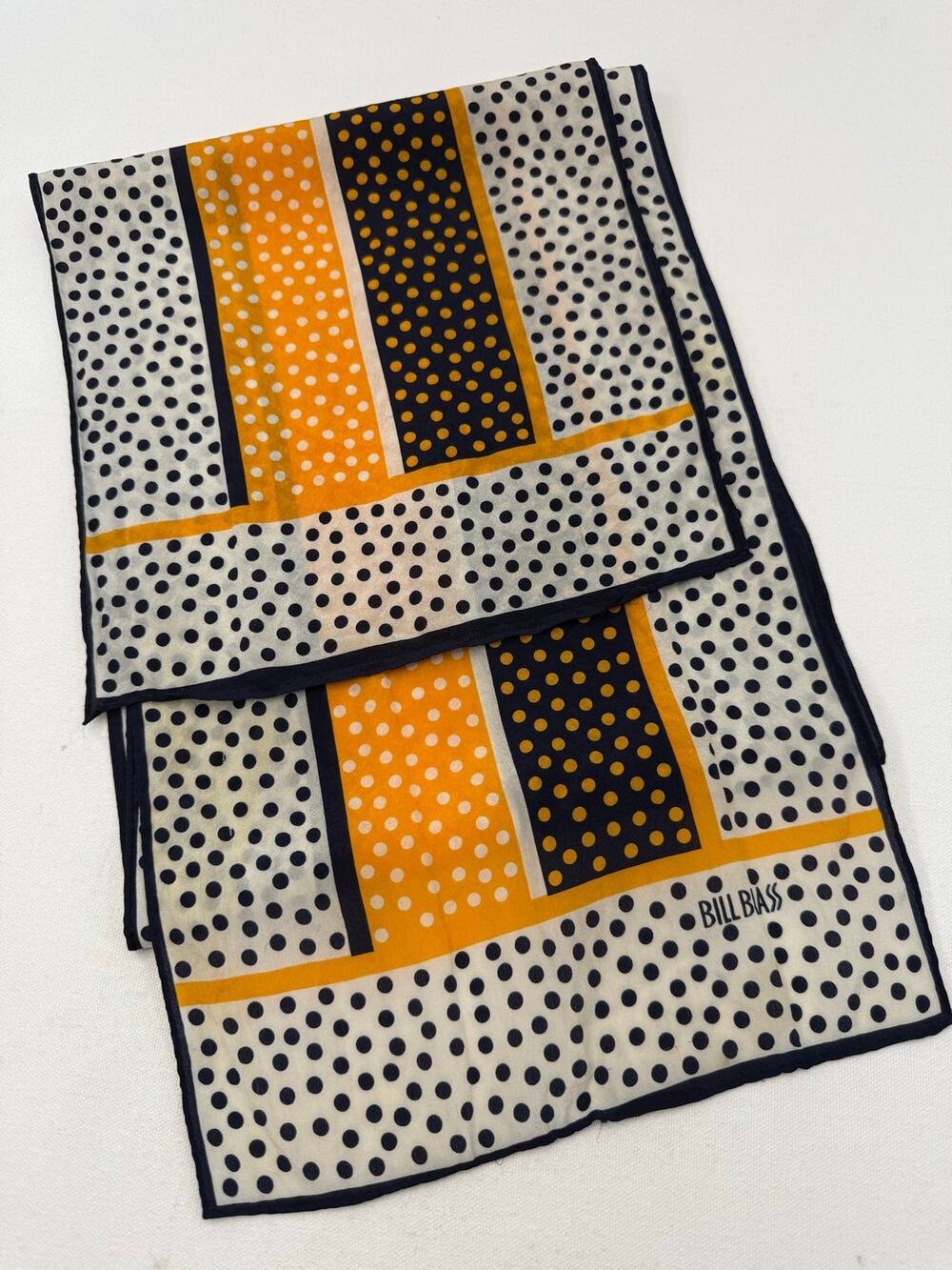 Bill Blass Vintage 90s Silk‎ Polka Dot Oblong Scarf Navy Yellow 58 x 11